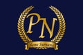 Initial letter P and N, PN monogram logo design with laurel wreath. Luxury golden calligraphy font