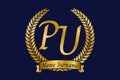 Initial letter P and U, PU monogram logo design with laurel wreath. Luxury golden calligraphy font