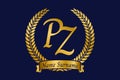 Initial letter P and Z, PZ monogram logo design with laurel wreath. Luxury golden calligraphy font