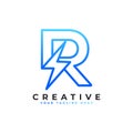 Initial Letter R Logo With Lighting Thunder Bolt in Linear Style. Alphabet Suitable for Fast, Power, Flash, Electric, Identity,