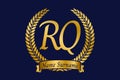 Initial letter R and Q, RQ monogram logo design with laurel wreath. Luxury golden calligraphy font