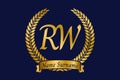 Initial letter R and W, RW monogram logo design with laurel wreath. Luxury golden calligraphy font