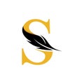 Initial letter S logo with Feather Luxury gold Royalty Free Stock Photo