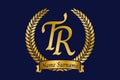 Initial letter T and R, TR monogram logo design with laurel wreath. Luxury golden calligraphy font