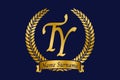 Initial letter T and Y, TY monogram logo design with laurel wreath. Luxury golden calligraphy font