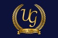 Initial letter U and G, UG monogram logo design with laurel wreath. Luxury golden calligraphy font