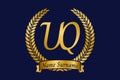 Initial letter U and Q, UQ monogram logo design with laurel wreath. Luxury golden calligraphy font