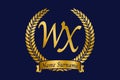 Initial letter W and X, WX monogram logo design with laurel wreath. Luxury golden calligraphy font