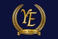 Initial letter Y and E, YE monogram logo design with laurel wreath. Luxury golden calligraphy font