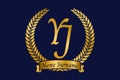 Initial letter Y and J, YJ monogram logo design with laurel wreath. Luxury golden calligraphy font