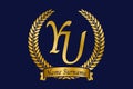 Initial letter Y and U, YU monogram logo design with laurel wreath. Luxury golden calligraphy font