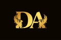 Initial letters D, A or DA logo with silhouette Griffins. Heraldic symbols ancient mythology or fantasy. Design template elements
