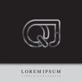 Initial logo letter QJ, linked outline silver colored, rounded logotype.