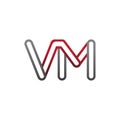 Initial logo letter VM, linked outline red and grey colored, rounded logotype