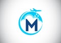 Initial M monogram alphabet with an airplane and cloud. Artificial rainmaking. Cloud seeding logo. Modern vector logo for the Royalty Free Stock Photo