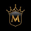 Initial M monogram alphabet with a crown and shield