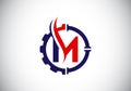 Initial M monogram alphabet with gear pipe and flame. Oil and gas logo concept. Font emblem. Modern vector logo for petroleum Royalty Free Stock Photo