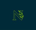 Initial N letter with green leaves logo vector design. Royalty Free Stock Photo