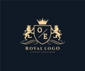QInitial OE Letter Lion Royal Luxury Heraldic,Crest Logo template in vector art for Restaurant, Royalty, Boutique, Cafe, Hotel,