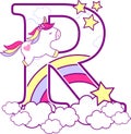 Initial r with cute unicorn and rainbow