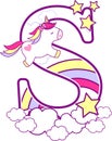 Initial s with cute unicorn and rainbow