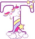 Initial t with cute unicorn and rainbow