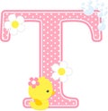 Initial t with flowers and cute rubber duck Royalty Free Stock Photo