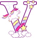 Initial v with cute unicorn and rainbow