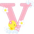 Initial v with flowers and cute rubber duck Royalty Free Stock Photo