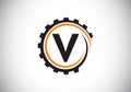 Initial V monogram alphabet in a gear spiral. Gear engineer logo design. Logo for automotive, mechanical, technology, setting,