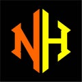 The initials N H hexagon monogram logo in orange and yellow