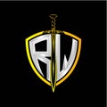 The initials R W is a shield decorated with knightly swords, the letters are colored with a metallic texture chrome, silver,
