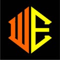 The initials W E hexagon monogram logo in orange and yellow