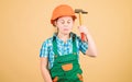 Initiative child girl hard hat helmet builder worker. Tools to improve yourself. Child care development. Builder