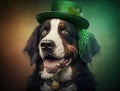 A big smiling cute dog in green shamrock costume sits on yellow background, St. patrick\'s day theme generative AI