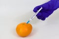 Injected tangerine closeup view with food injection syringe on gloved hand