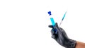 Injection. Doctor hand in medical glove hold syringe with needle for protection flu virus and coronavirus. Covid vaccine isolated Royalty Free Stock Photo