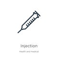 Injection icon. Thin linear injection outline icon isolated on white background from health and medical collection. Line vector