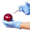 Injection into red apple isolated on white background. Genetically modified fruit and syringe Royalty Free Stock Photo