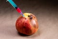 Injection with a syringe into a rotting apple. Close-up. Soft focus Royalty Free Stock Photo