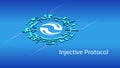 Injective Protocol INJ isometric token symbol of the DeFi project in digital circle on blue background.