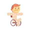 Injured boy character in gypsum sitting in a wheelchair suffering from pain cartoon vector illustration