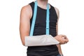 Injured man is wearing medical sling on his arm. Isolated on white background Royalty Free Stock Photo