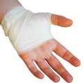 Injured painful hand with white gauze bandage on white background