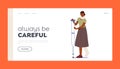 Injured Patient Landing Page Template. Sick Woman with Leg Fracture and Neck Injury Walk with Crutch Vector Illustration