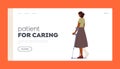 Injured Patient Landing Page Template. Woman with Leg Fracture Walk on Crutches Rear View. Character with Broken Foot