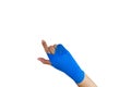 injured woman with blue elastic bandage on hand isolated on whit Royalty Free Stock Photo