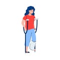 Injured woman character walks with crutches flat vector illustration isolated.
