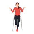 Injured woman on crutches flat color vector faceless character. Female patient with broken leg in plaster, physical trauma