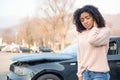 Car accident and black woman feeling pain